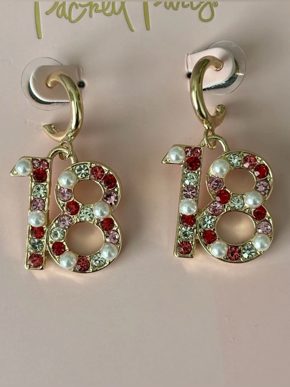 Packed Party Gold Tone ‘18' Drop Earrings with Red, Pink & Pearl Accents